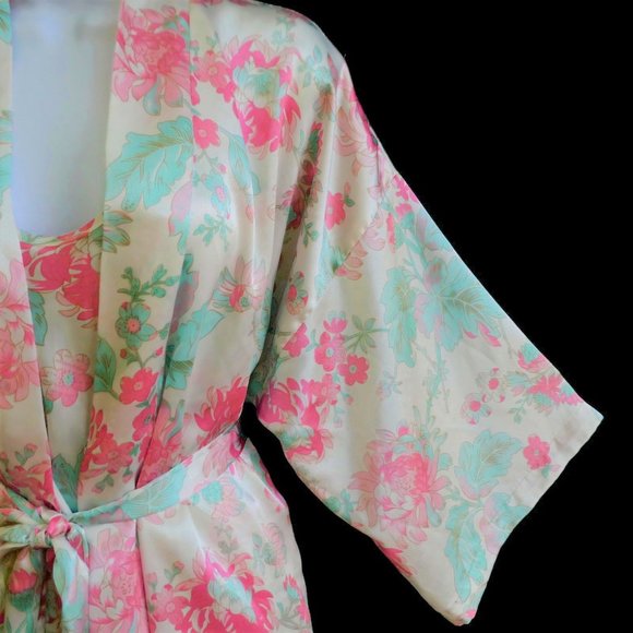 LA Intimates Vintage 80s Satin Pastel Floral Slip Robe Tie Belt 3pc Set USA - Picture 2 of 8